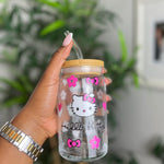 Pink Kitten Floral Glass Cup