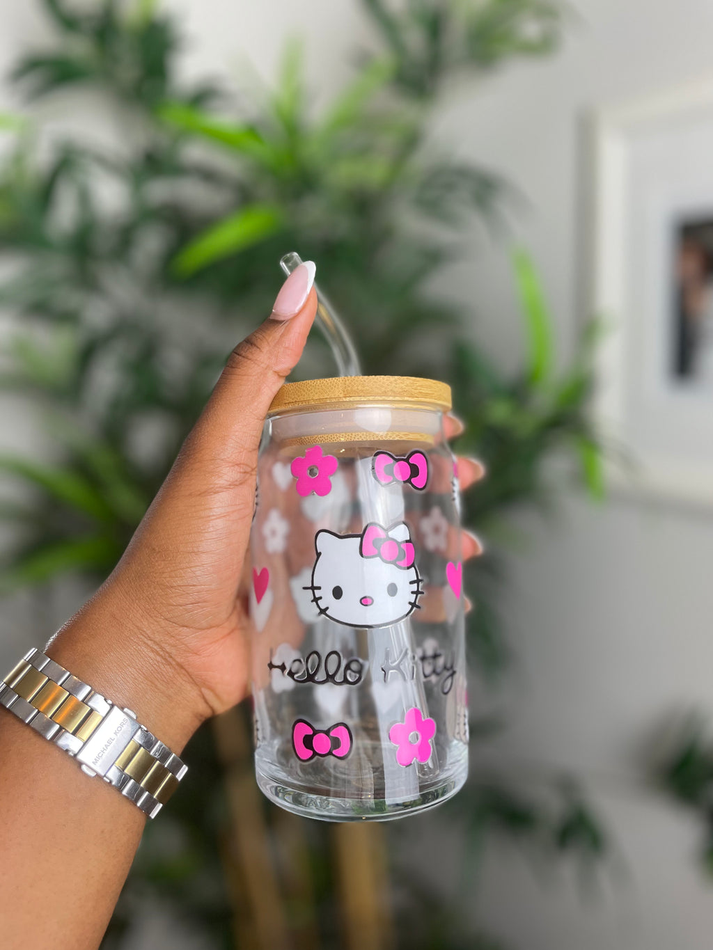 Pink Kitten Floral Glass Cup