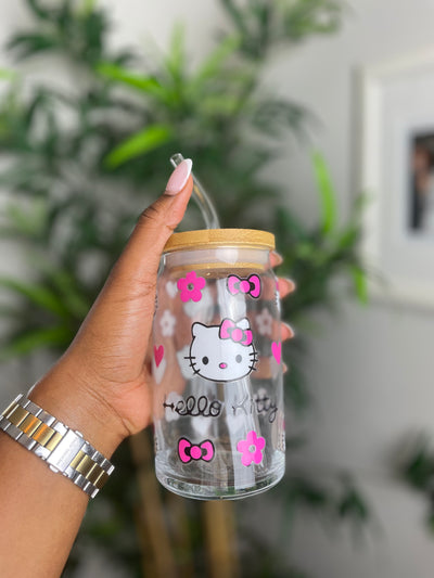 Pink Kitten Floral Glass Cup